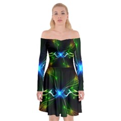 Colorful Neon Art Light Rays, Rainbow Colors Off Shoulder Skater Dress by picsaspassion