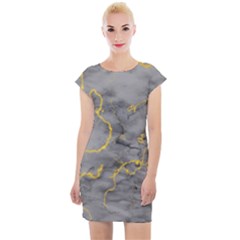 Marble Neon Retro Light Gray With Gold Yellow Veins Texture Floor Background Retro Neon 80s Style Neon Colors Print Luxuous Real Marble Cap Sleeve Bodycon Dress by genx