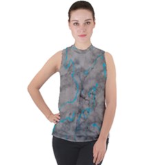 Marble Light Gray With Bright Cyan Blue Veins Texture Floor Background Retro Neon 80s Style Neon Colors Print Luxuous Real Marble Mock Neck Chiffon Sleeveless Top by genx