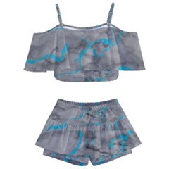 Marble Light Gray With Bright Cyan Blue Veins Texture Floor Background Retro Neon 80s Style Neon Colors Print Luxuous Real Marble Kids  Off Shoulder Skirt Bikini by genx