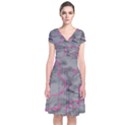 Marble light gray with bright magenta pink veins texture floor background retro neon 80s style neon colors print luxuous real marble Short Sleeve Front Wrap Dress View1