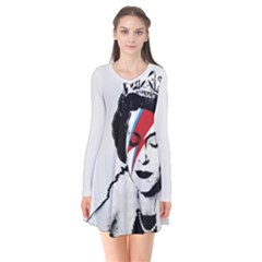 Banksy Graffiti Uk England God Save The Queen Elisabeth With David Bowie Rockband Face Makeup Ziggy Stardust Long Sleeve V-neck Flare Dress by snek