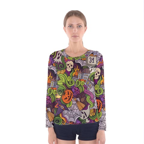 Halloween Doodle Vector Seamless Pattern Women s Long Sleeve Tee by Sobalvarro