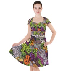 Halloween Doodle Vector Seamless Pattern Cap Sleeve Midi Dress by Sobalvarro