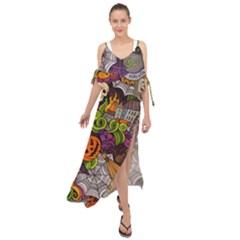 Halloween Doodle Vector Seamless Pattern Maxi Chiffon Cover Up Dress by Sobalvarro