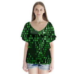 Abstract Plaid Green V-neck Flutter Sleeve Top by HermanTelo