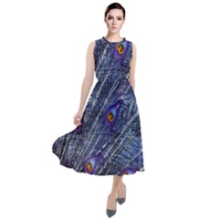 Peacock Feathers Color Plumage Blue Round Neck Boho Dress by Sapixe