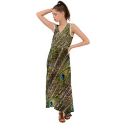 Peacock Feathers Color Plumage Green V-neck Chiffon Maxi Dress by Sapixe