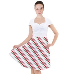 White Candy Cane Pattern With Red And Thin Green Festive Christmas Stripes Cap Sleeve Midi Dress by genx