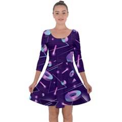Retrowave Aesthetic Vaporwave Retro Memphis Pattern 80s Design Geometrical Shapes Futurist Pink Blue 3d Quarter Sleeve Skater Dress by genx