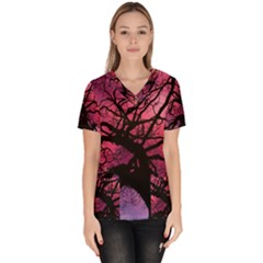 Trees Silhouette Sky Clouds Sunset Women s V-neck Scrub Top by Wegoenart