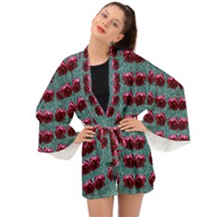 Forest Roses On Decorative Wood Long Sleeve Kimono by pepitasart