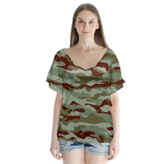 Brown And Green Camo V-neck Flutter Sleeve Top by McCallaCoultureArmyShop