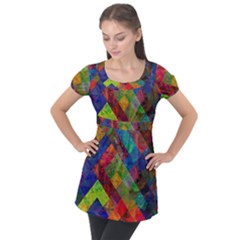 Abstract Colored Grunge Pattern Puff Sleeve Tunic Top by fashionpod