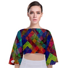 Abstract Colored Grunge Pattern Tie Back Butterfly Sleeve Chiffon Top by fashionpod