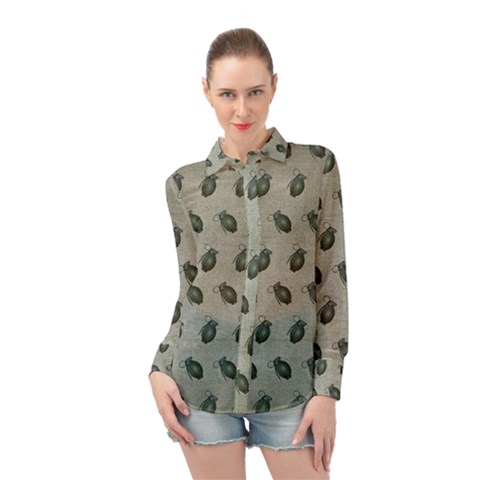 Army Green Hand Grenades Long Sleeve Chiffon Shirt by McCallaCoultureArmyShop