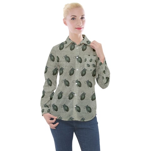 Army Green Hand Grenades Women s Long Sleeve Pocket Shirt by McCallaCoultureArmyShop