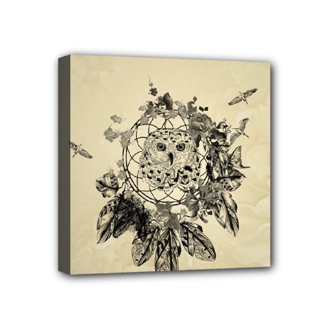 Owl On A Dreamcatcher Mini Canvas 4  X 4  (stretched) by FantasyWorld7