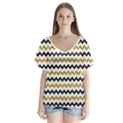 Black And Gold Glitters Zigzag Retro Pattern Golden Metallic Texture V-neck Flutter Sleeve Top by genx