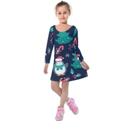 Colorful Funny Christmas Pattern Kids  Long Sleeve Velvet Dress by Vaneshart