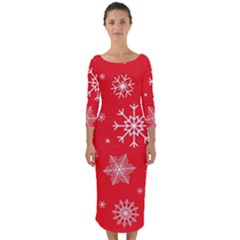 Christmas Seamless With Snowflakes Snowflake Pattern Red Background Winter Quarter Sleeve Midi Bodycon Dress by Vaneshart