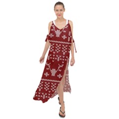 Beautiful Knitted Christmas Pattern Red Maxi Chiffon Cover Up Dress by Vaneshart