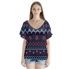 Christmas Concept With Knitted Pattern V-neck Flutter Sleeve Top by Vaneshart