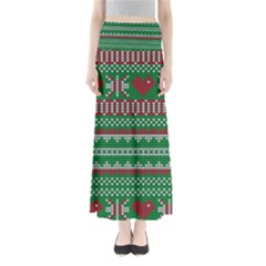 Knitted Christmas Pattern Green Red Full Length Maxi Skirt by Vaneshart