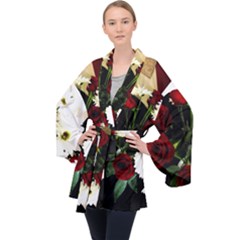 Roses 1 2 Long Sleeve Velvet Kimono  by bestdesignintheworld