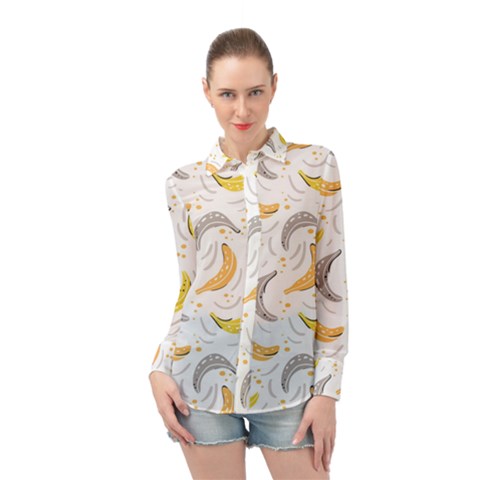 Seamless Stylish Pattern With Fresh Yellow Bananas Background Long Sleeve Chiffon Shirt by Wegoenart