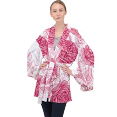 Flower Seamless Pattern With Roses Long Sleeve Velvet Kimono  by Wegoenart