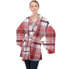 Red Abstract Check Textile Seamless Pattern Long Sleeve Velvet Kimono  by Wegoenart