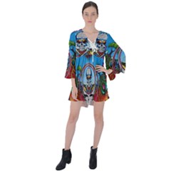 Grateful Dead Wallpapers V-neck Flare Sleeve Mini Dress by Sapixe