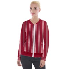 Nice Stripes - Carmine Red Velour Zip Up Jacket by FashionBoulevard