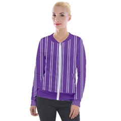 Nice Stripes - Imperial Purple Velour Zip Up Jacket by FashionBoulevard