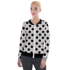 Polka Dots - Black On Abalone Grey Velour Zip Up Jacket by FashionBoulevard