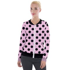 Polka Dots - Black On Blush Pink Velour Zip Up Jacket by FashionBoulevard