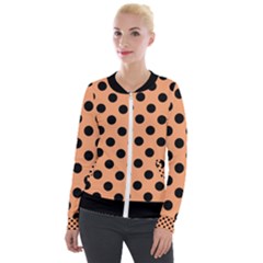 Polka Dots - Black On Cantaloupe Orange Velour Zip Up Jacket by FashionBoulevard