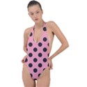 Polka Dots Black On Flamingo Pink Backless Halter One Piece Swimsuit View1