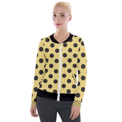 Polka Dots Black On Mellow Yellow Velour Zip Up Jacket by FashionBoulevard