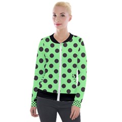 Polka Dots Black On Mint Green Velour Zip Up Jacket by FashionBoulevard