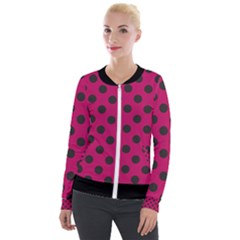 Polka Dots Black On Peacock Pink Velour Zip Up Jacket by FashionBoulevard