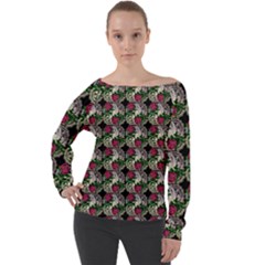 Doily Rose Pattern Black Off Shoulder Long Sleeve Velour Top by snowwhitegirl