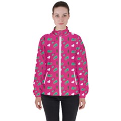 Green Elephant Pattern Hot Pink Women s High Neck Windbreaker by snowwhitegirl