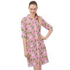 Green Elephant Pattern Pink Long Sleeve Mini Shirt Dress by snowwhitegirl