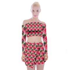 Doily Rose Pattern Watermelon Pink Off Shoulder Top With Mini Skirt Set by snowwhitegirl