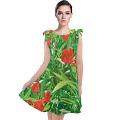 Red Flowers And Green Plants At Outdoor Garden Tie Up Tunic Dress by dflcprintsclothing