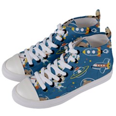 Seamless Pattern Funny Astronaut Outer Space Transportation Women s Mid-top Canvas Sneakers by Vaneshart