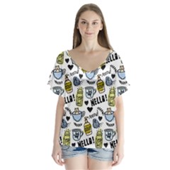 Everyday Things Pattern V-neck Flutter Sleeve Top by Vaneshart