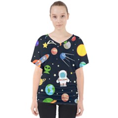 Space Astronomy Decorative Symbols Seamless Pattern Vector Illustration V-neck Dolman Drape Top by Nexatart